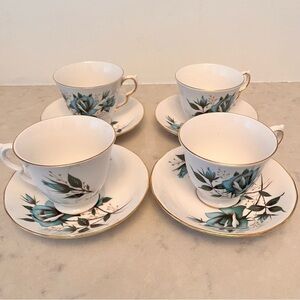 Set of 4 Vintage Royal Vale Blue Rose Bone China Teacups & Saucers England
